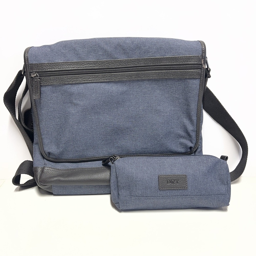 Levenger Staff Bag Messenger Crossbody Carry On Blue Jean Black Leather Accent